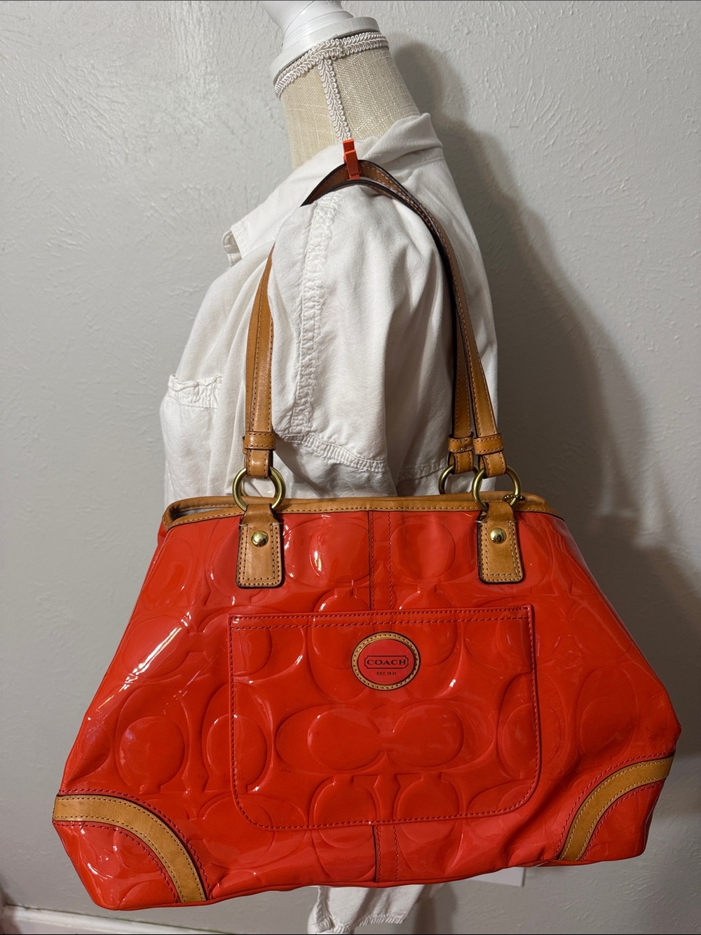Coach Patent Shoulder Bag in Bright Orange with Natural Trim